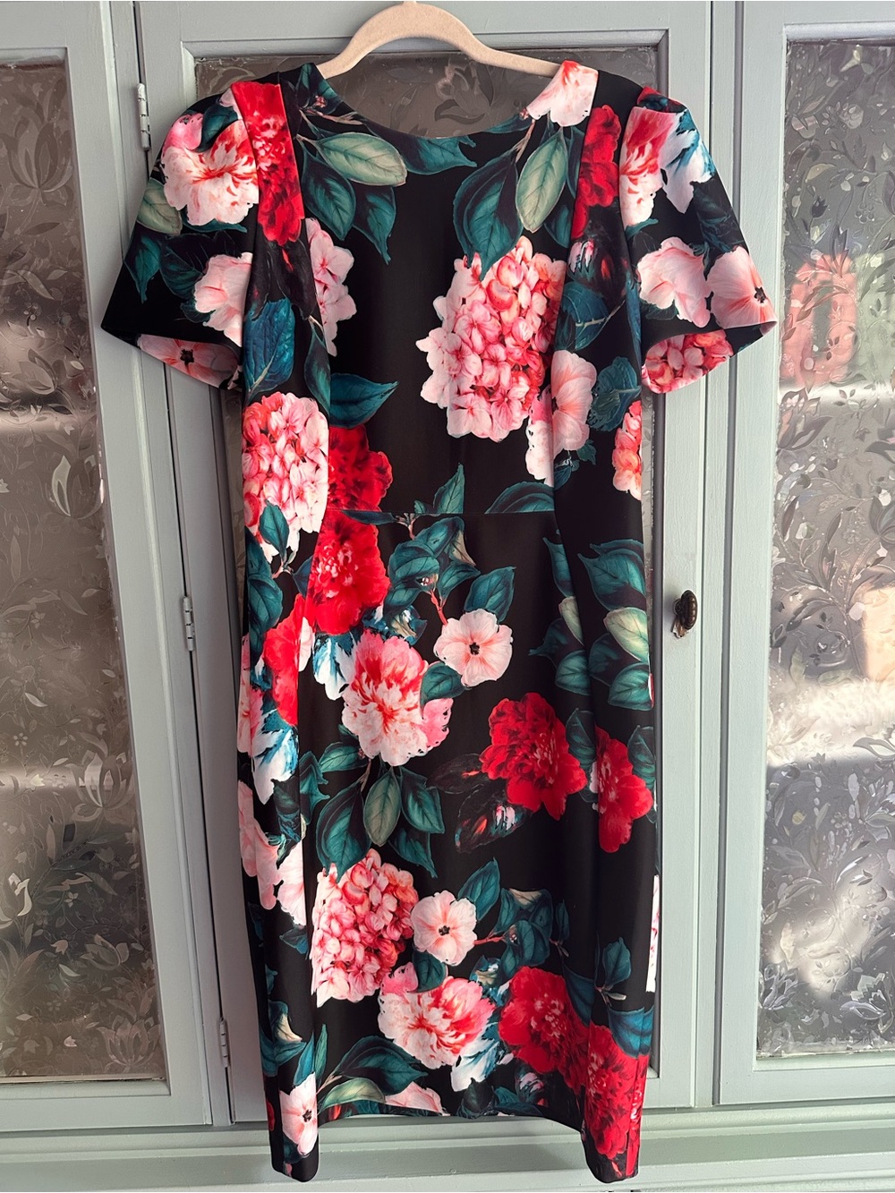 Calvin Klein Black Floral Shift Dress with Pink & Red Blooms
